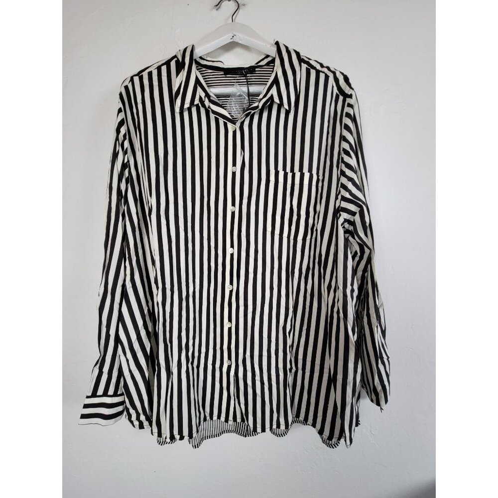 Jane + Delancey Womens Black White Striped Button-Down Shirt Long Sleeve 3X New
